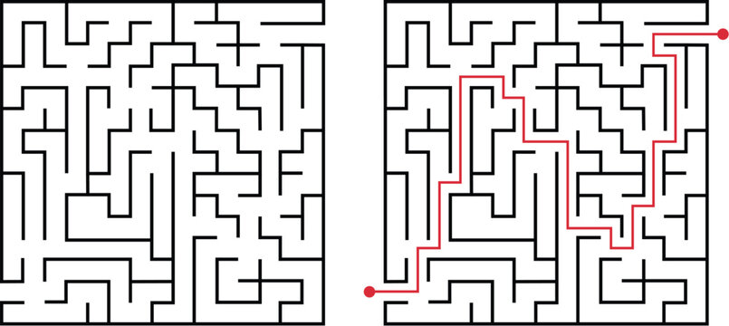 Labyrinth game way. Square maze, simple logic game with labyrinths way. How to find out quiz, finding exit path rebus or logic labyrinth challenge isolated vector illustration on white background