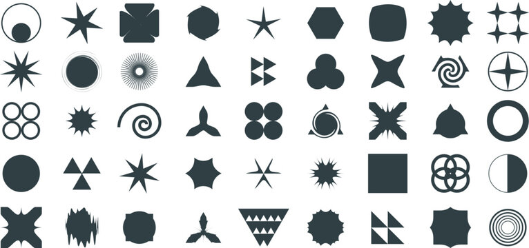Modern geometric shapes. Minimalist abstract figures, brutalist 3D basic shapes and lines, minimal modern simple forms. Vector collection. Bauhaus and y2k poster style trendy primitive figures.