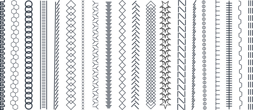 Vertical seamless stitches. Black embroidery zigzag, line and fringe border stitch patterns for textile design, sewing elements. Vector isolated set. Sewing machine endless seam, stitching dividers.