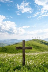A wooden cross is standing in a field of grass