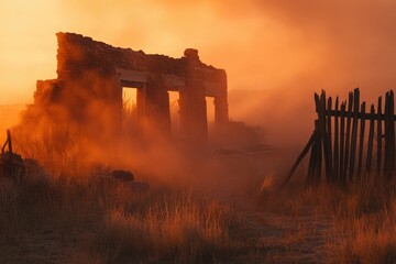 Sun-drenched ruins of a forgotten building stand silhouetted against a hazy, orange sunset.