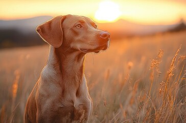 Brown dog sitting thoughtfully in a golden field at sunset with warm glowing light and distant hills in the background