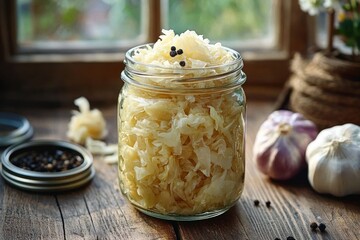 Glass jar filled with homemade sauerkraut topped with black peppercorns on a rustic wooden table near garlic bulbs with natural daylight