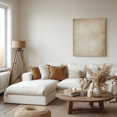 Cozy modern living room with white sectional sofa, beige and brown cushions, wooden round coffee table with candles and books, decorative dried plants, tripod floor lamp, and large window