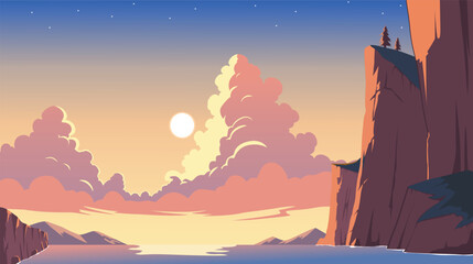 Peaceful Sunset Scenery Featuring Sea, Cliffs and Clouds, nature background in flat style