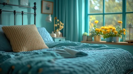 A sleek metal bed with pastel bedding, radiating calm and simplicity in a serene bedroom.
