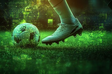Close-up of a soccer player's cleated foot poised next to a digitally enhanced soccer ball on grass, glowing with green futuristic data visuals