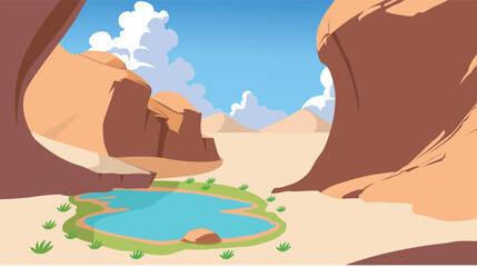 Peaceful Desert Oasis Among Rocky Cliffs, background with nature landscape concept in flat style