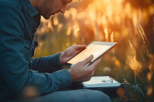 Young man sitting outdoors in golden sunlight reading a tablet with a notebook and glasses beside him in a peaceful natural setting