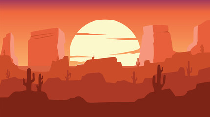 Desert Silhouette Landscape With Towering Rock And Cactus, Sunset Scenery, nature theme background