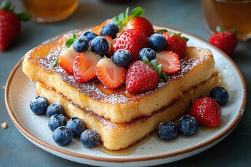 Two slices of golden French toast topped with fresh blueberries and halved strawberries dusted with powdered sugar served on a ceramic plate