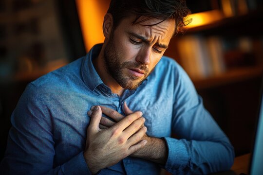 Young man sitting indoors clutching his chest with a pained expression, showing signs of discomfort or pain in a dimly lit room