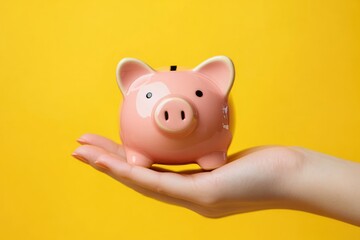 Hand holding small pink piggy bank against vibrant yellow background symbolizing saving money and financial care