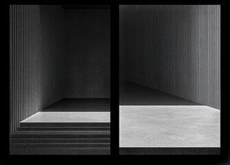 Minimalist architectural space with vertical slatted walls, dark shadowed stairway on the left, and smooth concrete floor with soft gradient lighting on the right, evoking calmness and order