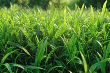 Obraz premium Close-up view of vibrant green grass blades bathed in natural sunlight with a blurred background of greenery, evoking freshness and vitality