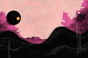 Abstract landscape with dark rolling hills, pink and purple textured sky, and two circular celestial shapes suggesting a surreal sunset or moonrise