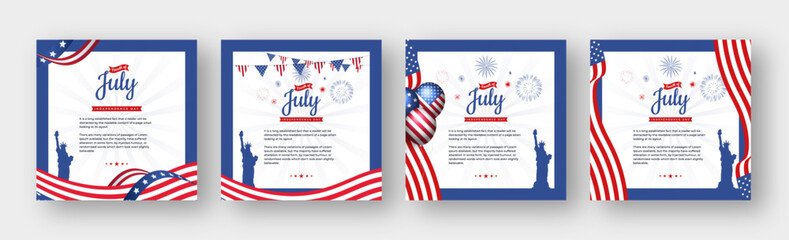4th of July social media post web banner with USA flag decoration, fireworks, and balloon | United States Independence Day banner | Happy Fourth of July
