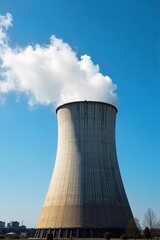Industrial chimney cooling tower emitting steam against a clear blue sky Efficient energy dissipation, environmental technology, power plant infrastructure , tall, climate change