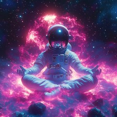 Astronaut in a space suit levitating in a meditative lotus pose surrounded by a glowing pink nebula and sparkling stars in outer space