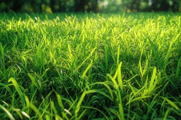 Obraz premium Close-up of vibrant green grass illuminated by sunlight with a blurred natural background, evoking a fresh and peaceful outdoor atmosphere