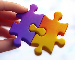 Obraz premium Close-up of two hands holding and connecting purple and orange puzzle pieces against a soft blurred background, symbolizing teamwork and problem solving