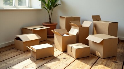 Sunlit Cardboard Boxes on Wooden Floor  A collection of empty and partially filled moving boxes, ready for relocation, bathed in warm sunlight on a hardwood floor.