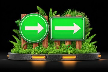 Two directional signs, green circles and rectangles, on wooden posts, amidst lush greenery, atop a dark platform