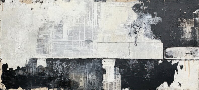 abstract black and white textured painting with newspaper clippings and layered patches creating a contrasting urban collage effect - Powered by Adobe