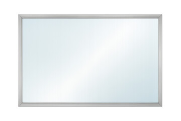Silver-framed rectangular mirror reflecting soft light, minimalist design element for contemporary interior rendering