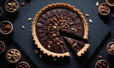 Delicious Chocolate Tart with Almonds on a Dark Background Perfect for dessert advertisements