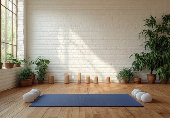 Bright yoga studio with wooden floors, white brick wall, large window, multiple green potted plants, blue yoga mat, and white foam rollers arranged neatly
