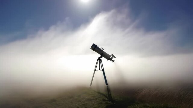 Refractor telescope stands on grass in thick fog with the sun shining and a blue sky above the clouds. Weather concept.