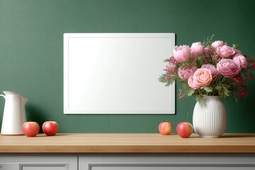 Empty frame, pink peonies, apples