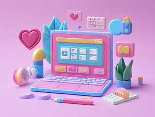 Colorful 3D illustration of a laptop with stylized interface surrounded by plant, pen, calendar, heart icons, and other decorative objects on a pink background, playful and cheerful mood