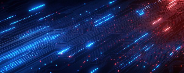 Abstract close-up of illuminated blue and red digital circuit board with glowing lines and dots conveying high-tech energy and futuristic technology