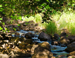 The small creek slowly meanders between the river rocks to the lake below.
