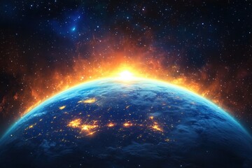 Obraz premium Sunrise over planet earth with glowing horizon and illuminated city lights against starry space background
