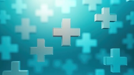 Fototapeta premium 3d glassy plus signs floating in a soft blue gradient background creating a clean and modern medical or health concept atmosphere