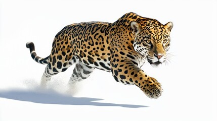 Fototapeta premium Powerful jaguar sprinting forward with focused gaze on a white background