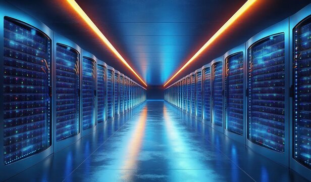 Long corridor lined with illuminated server racks glowing with blue and green lights in a modern data center with reflective floor and ambient lighting