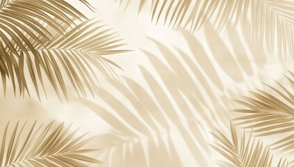 Obraz premium Shadow of palm leaves cast on a beige wall, minimalistic background with soft, airy lighting, high resolution, natural and serene atmosphere.