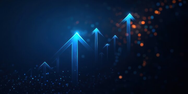blue glowing arrows pointing upward on dark background representing growth and progress with scattered light dots suggesting dynamic movement