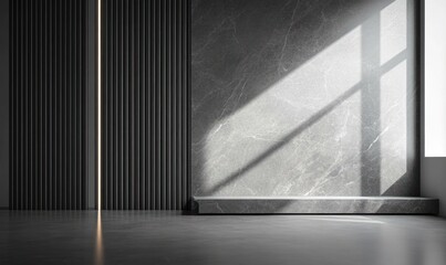 Minimalist modern interior with textured dark vertical panels, smooth marble wall, and natural light casting geometric shadows on the floor