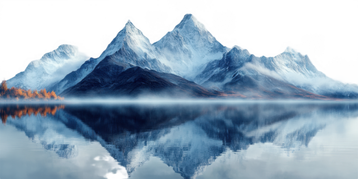 Majestic Snowcapped Mountains Reflected in Calm Lake on transparent background