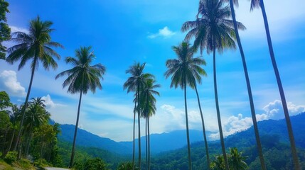 Fototapeta premium Palm trees reaching towards a vibrant blue sky, lush green hills in the background
