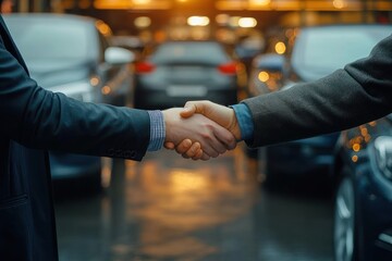 Two people shaking hands in a car dealership or parking lot with blurred cars and warm lighting in the background symbolizing agreement or deal
