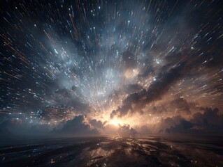 Fototapeta premium Cosmic Sunset: Vibrant Starburst Over Dark Clouds