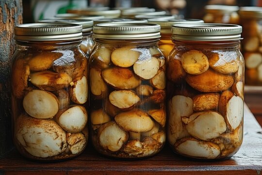 Close-up of several glass jars filled with preserved whole mushrooms in liquid on a wooden surface with metal lids tightly sealed