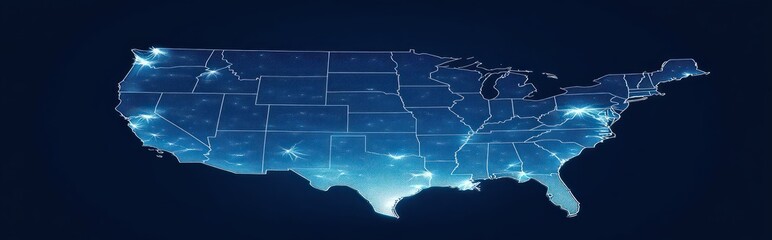 Glowing digital map of the United States highlighting state boundaries and bright network connections across major cities with a futuristic blue tone