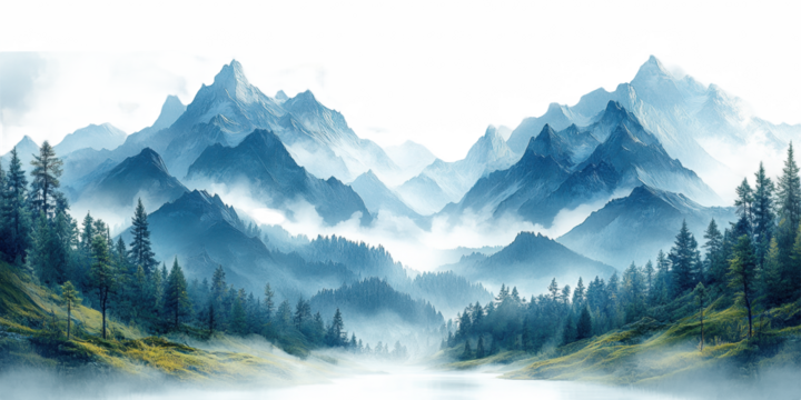Misty Mountain Landscape with Pine Trees on Transparent Background